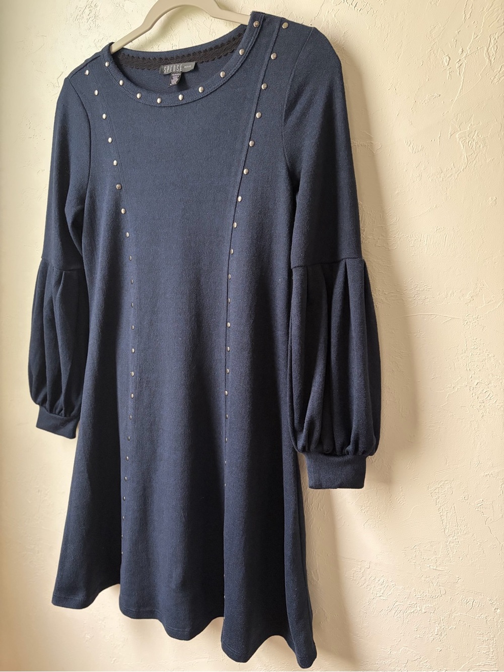 Spense Navy Studded Puff Sleeve Swing Dress Petite PS - Picture 5 of 7